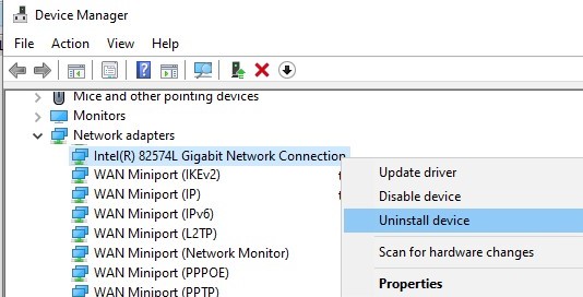 devmgr: uninstall network adapter