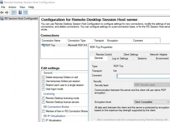 manage remote desktop session host settings on windows server 2016 tsconfig.msc