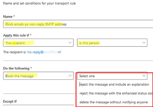Block messages to no-reply mailbox with mailflow transport rule in Exchnage