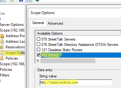 Configuring WPAD adress on DHCP (option 252)