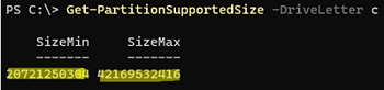 Get-PartitionSupportedSize 