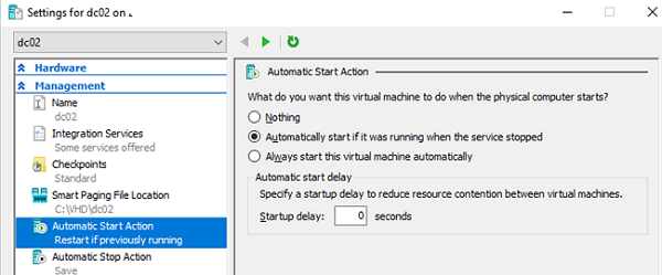 hyper-v configure automatic strat action for virtual machine