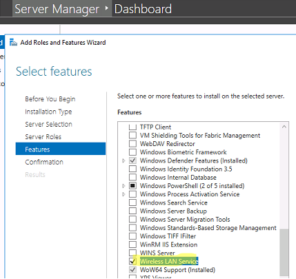 Install Wireless LAN Service in Server Manager