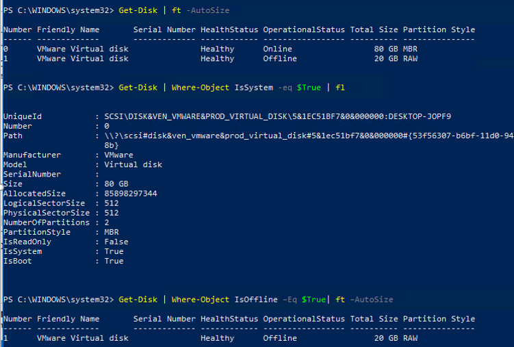 powershell Get-Disk offline and system