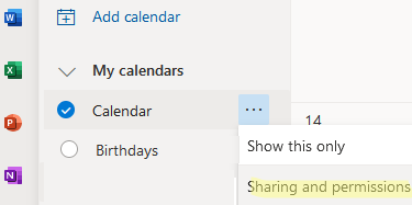 sharing user calendar in Outlook on the web