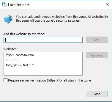 Add websites to Local Intranet Zone