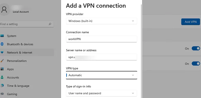 Add VPN connection via Setting app in Windows 10 or 11