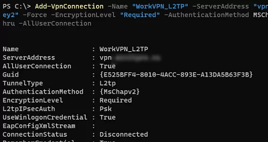 Add-VpnConnection: create VPN connection with PowerShell