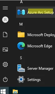 Azure Arc Setup Item in Windows Server Start menu