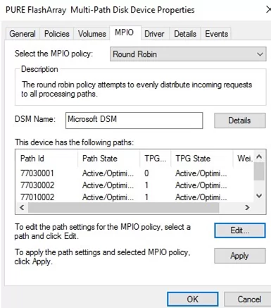 change MPIO load balancing policy on Windows Server 2016