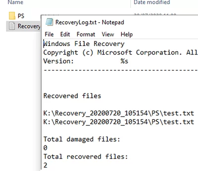 check recovery log of windows file recovery