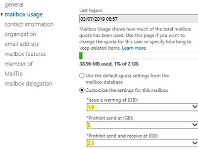 Configure storage quotas for a mailbox in Exchange Server