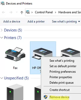 control panel - remove printer device