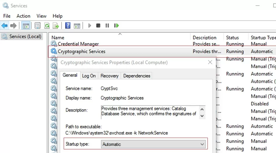 configure cryptsvc service to startup automatically 