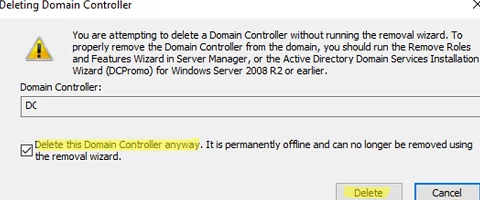Delete This Domain controller anyway. It is permanently offline and can no longer be removed using the removal wizard