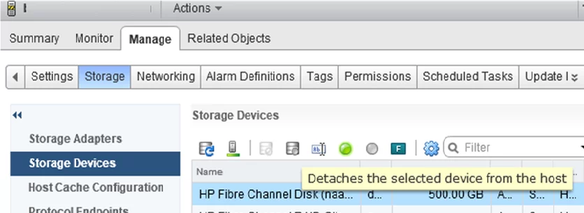 Detaches the selected LUN device from the vmware esxi host