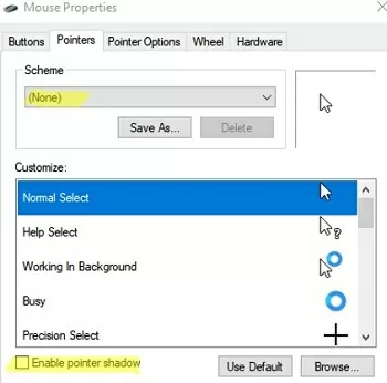 disable mouse pointer shadow and use non scheme on windows server rdsh