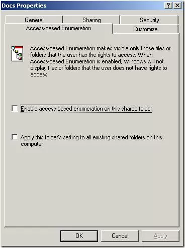 Enable access-based enumeration on this shared folder Windows Server 2003