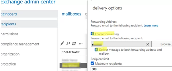 enable forwarding address in Exchange