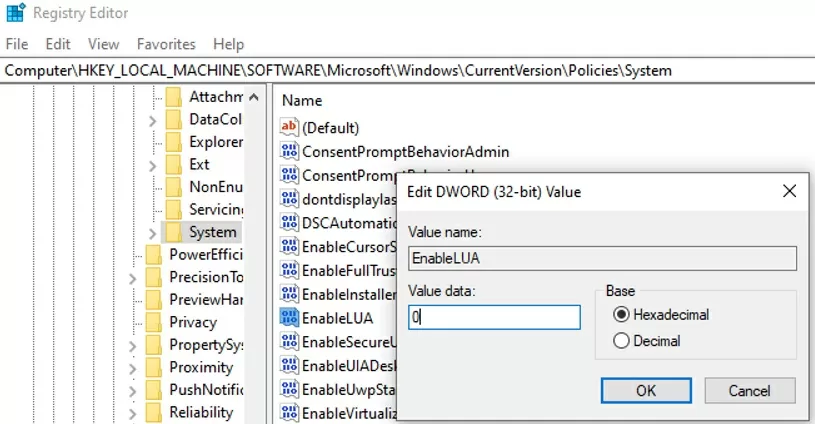 disable user account control via EnableLUA registry parameter