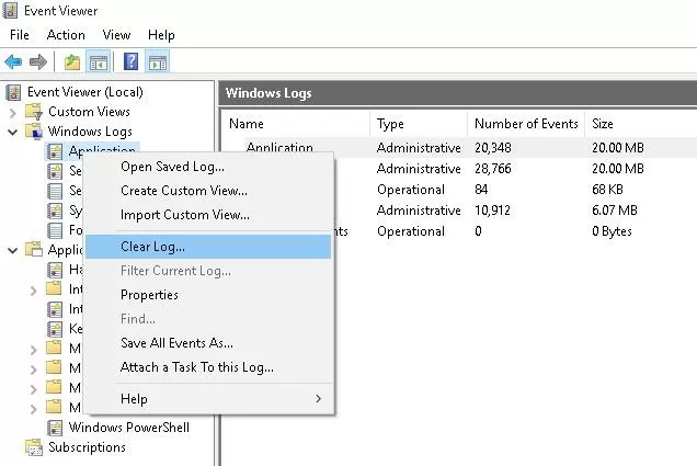 event viewer clear log from GUI