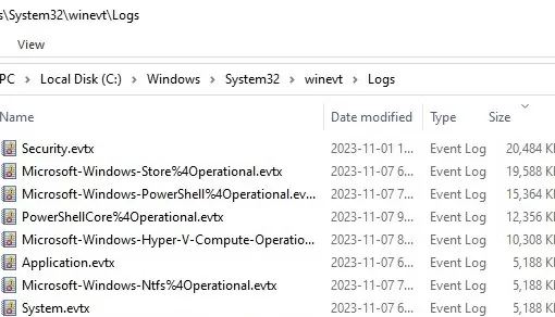 EVTX log files on windows %\System32\Winevt\Logs\ directory