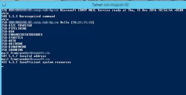 exchange mail from 452 4.3.1 Insufficient system resources