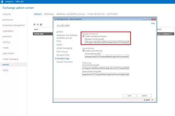 Exchange 2013 change Message Tracking logs location