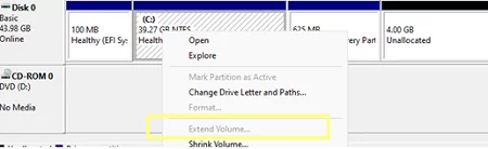 Extend volume greyed out in Windows Disk Management