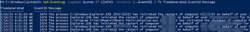 Find restart Info event 1074 using PowerShell 