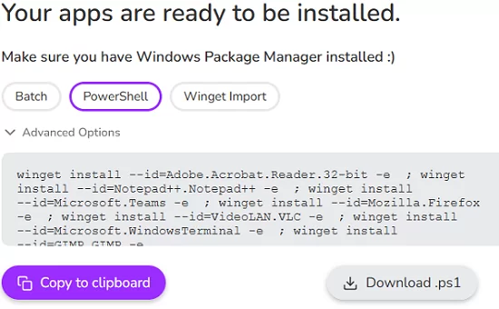 generate powershell/batch script to install multiple apps at once with winget