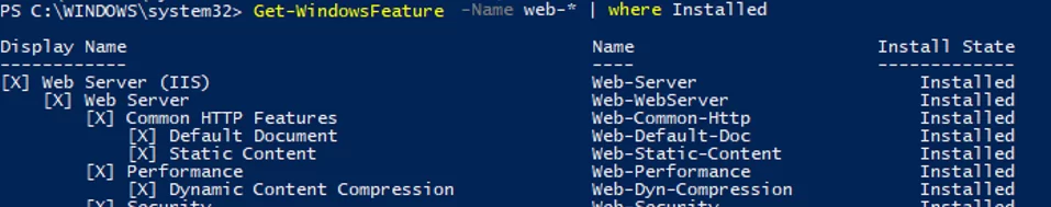Get-WindowsFeature Name like web