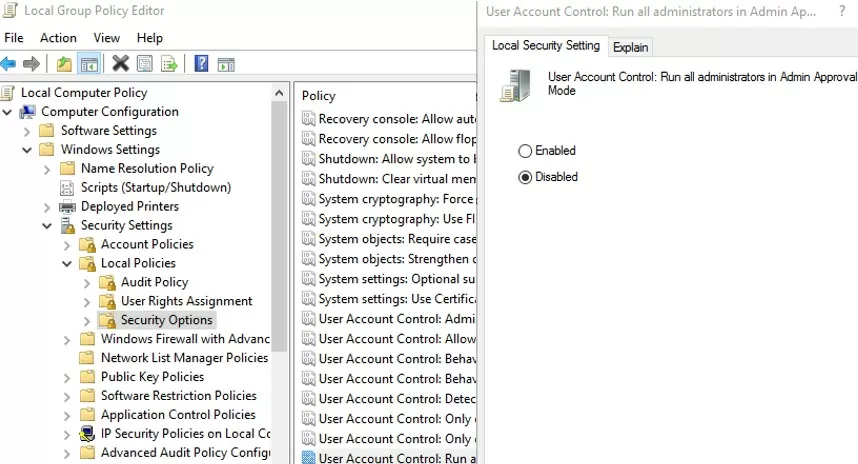 gpo disable uac admin approval mode for apps
