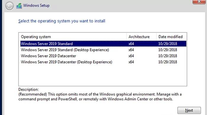 installing windows server core 2019 without desktop experience