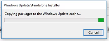 installing windows updates manually hangs on Copying packages to the Windows Update cache