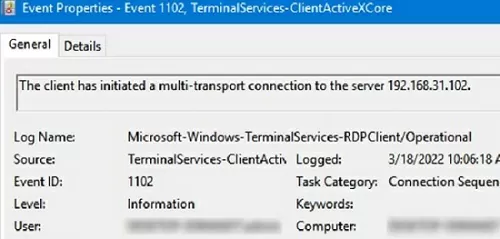 Microsoft-Windows-TerminalServices-RDPClient connection event in Windows