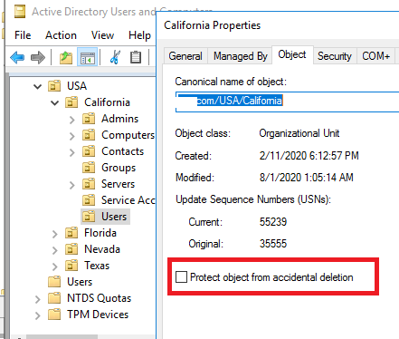 Nested OU recovery in Active Directory when "Protect object from accidental deletion" option is disavled