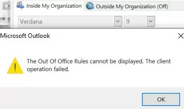 Out Of Office Rules cannot be displayed. The client operation failed