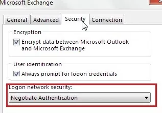outlook: logon network security option for exchange mailbox