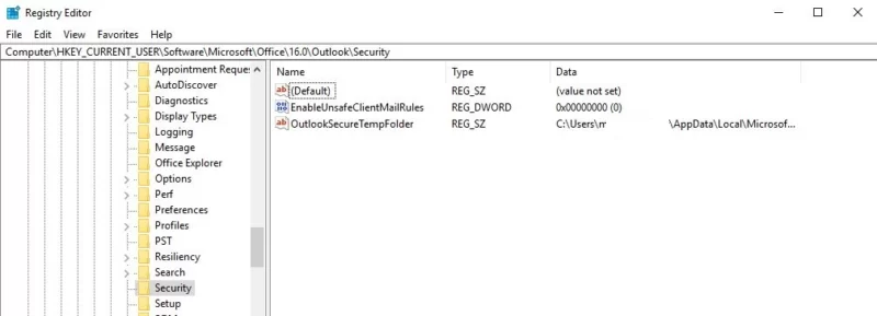 OutlookSecureTempFolder set via regedit