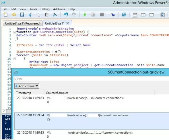 posh script to get iis user connections number