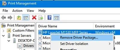 Remove printer driver package in Windows