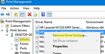 Remove printer driver package on Windows