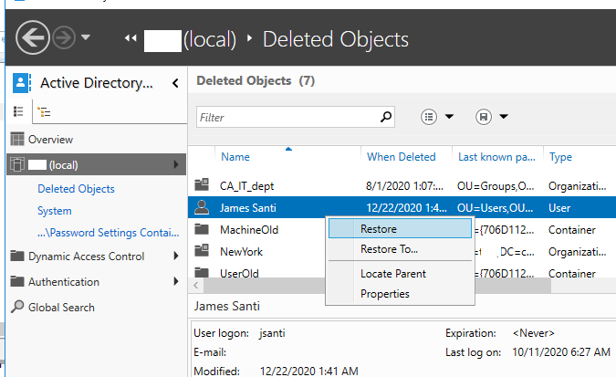 restore user from deleted object container in active directory