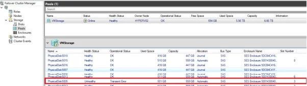 s2d unhealthy failed drive on windows server 2016