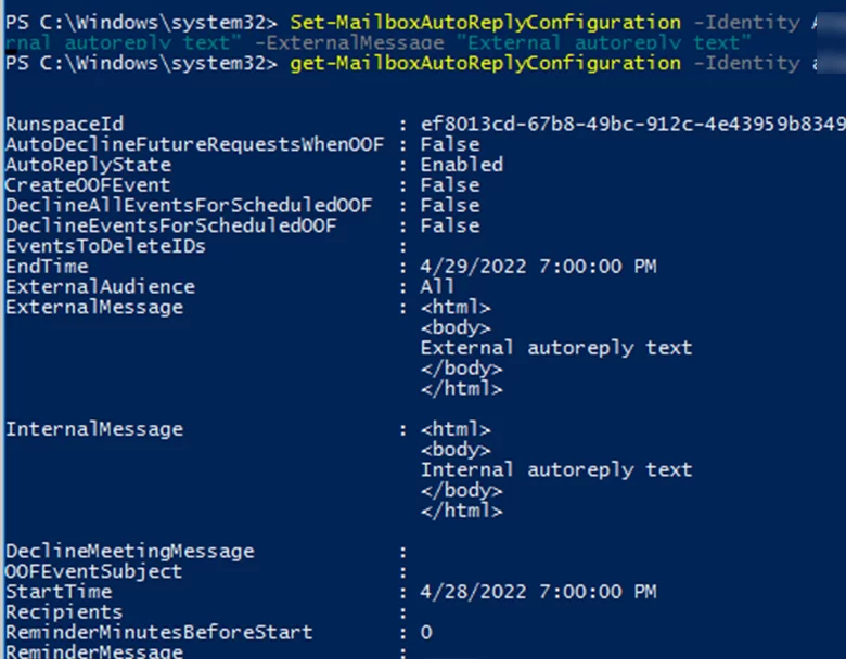 Set-MailboxAutoReplyConfiguration - configure out of office message in microsoft 365 with PowerShell