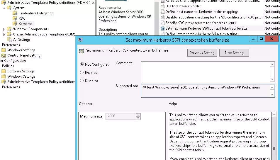 Policy: Set maximum Kerberos SSPI context token buffer size