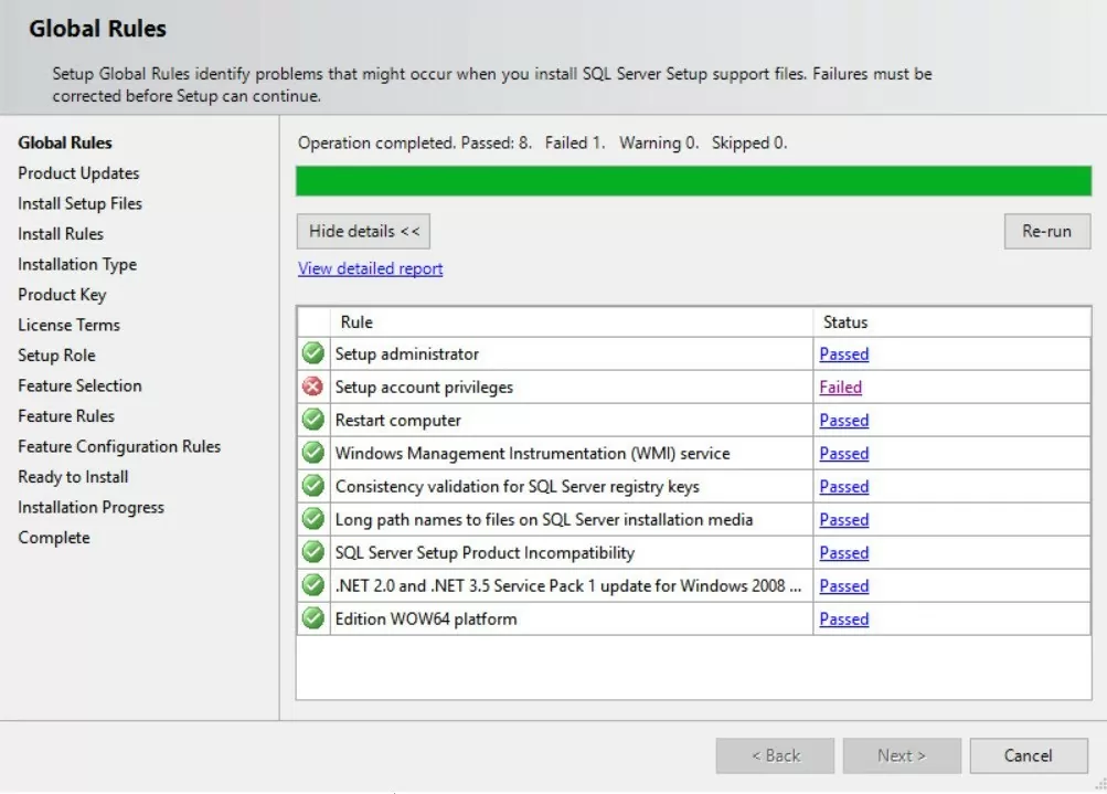 sql server setup error: Setup account privileges failed