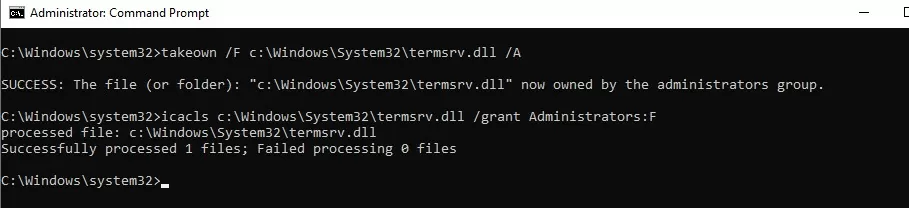 termsrv.dll takeown and grant access permissions