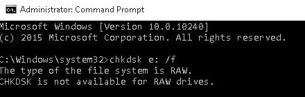 The type of the file system is RAW. CHKDSK is not available for RAW drives.